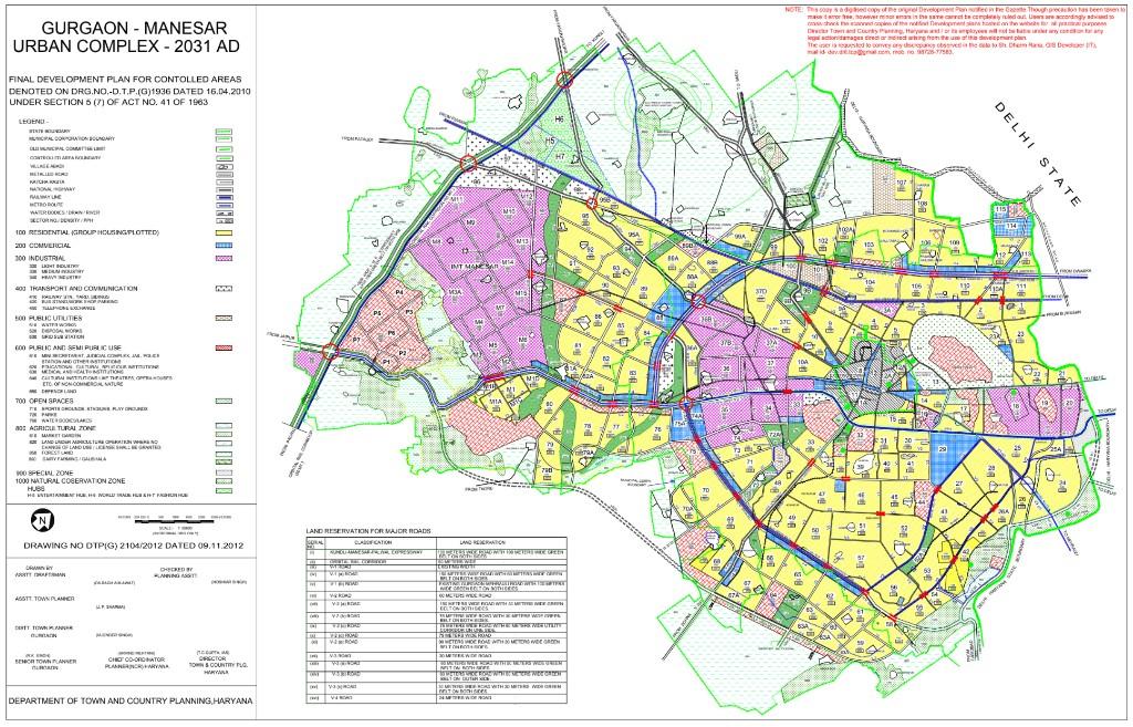 Official Master Development Plan map for Gurgaon - Manesar Urban Complex - 2031 AD, showing sector layouts, land-use zones, and major road networks.